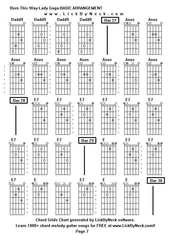 Chord Grids Chart of chord melody fingerstyle guitar song-Born This Way-Lady Gaga-BASIC ARRANGEMENT,generated by LickByNeck software.